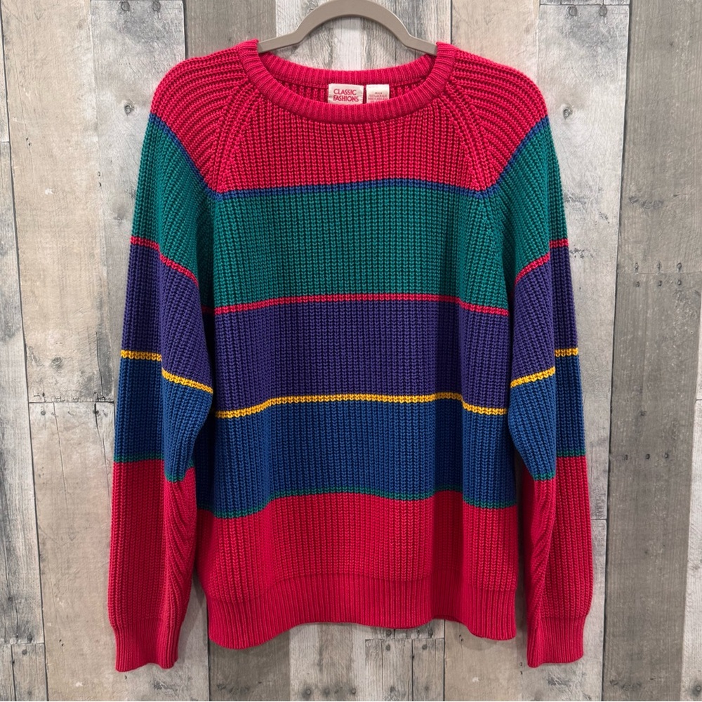 Vintage 90’s Classic Fashion Striped Colorblock Crewneck Knit Sweater Sz XL
